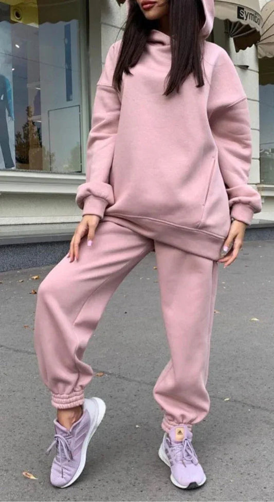 Fashionable solid color hooded sweatshirt casual two-piece suit