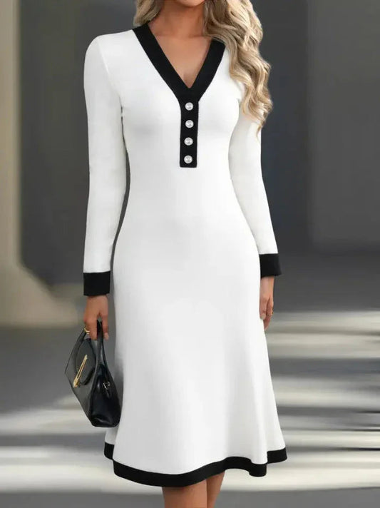 Elegant color-blocked V-neck midi dress for commuting