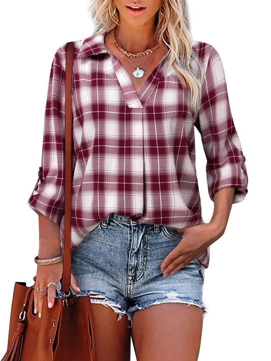 Pullover Lapel Loose Fit Women's Plaid Shirt