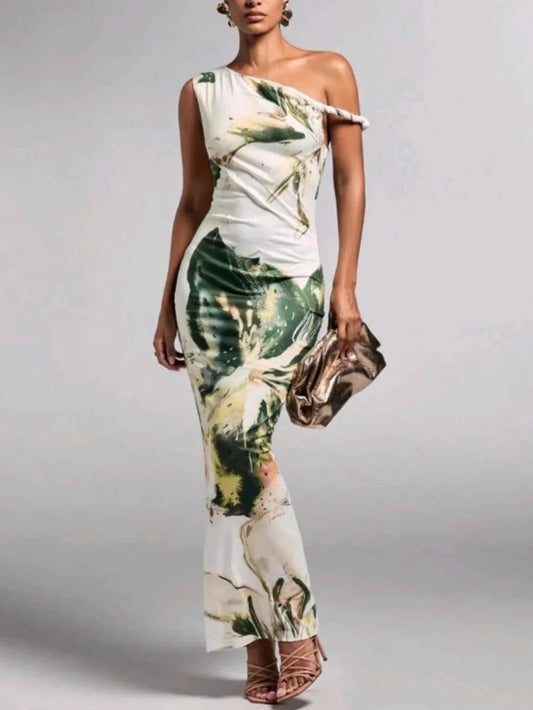Printed pleated one-shoulder maxi dress