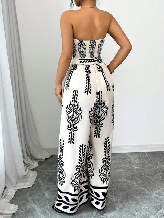 Printed wide-leg slim-fit lace-up jumpsuit