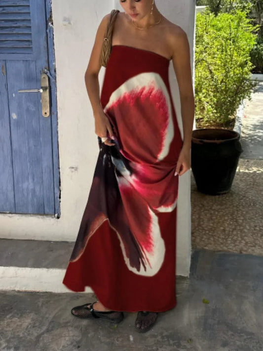 Printed tube top open back high waist dress