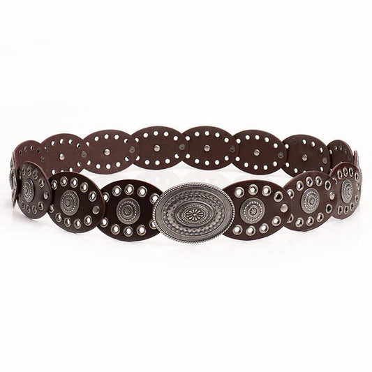 Oval stitching waist belt with large round pattern alloy buckle