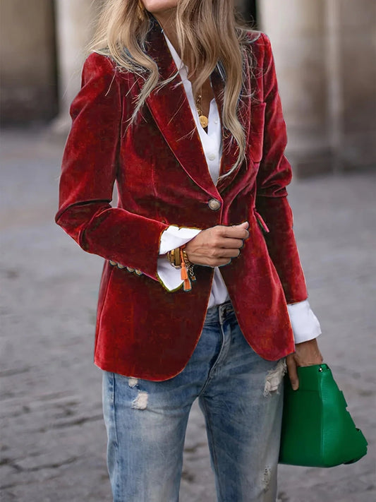 Elegant Velvet Slim-fit Faux Pocket Suit Jacket