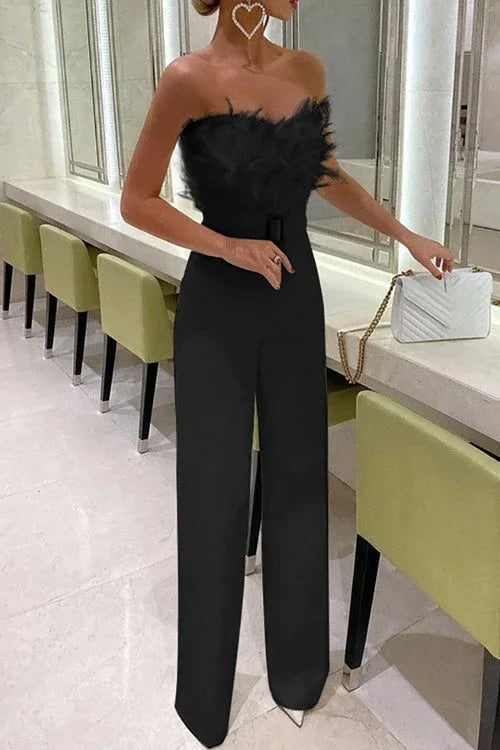 Feather Sexy Off Shoulder Sleeveless Slim Jumpsuit