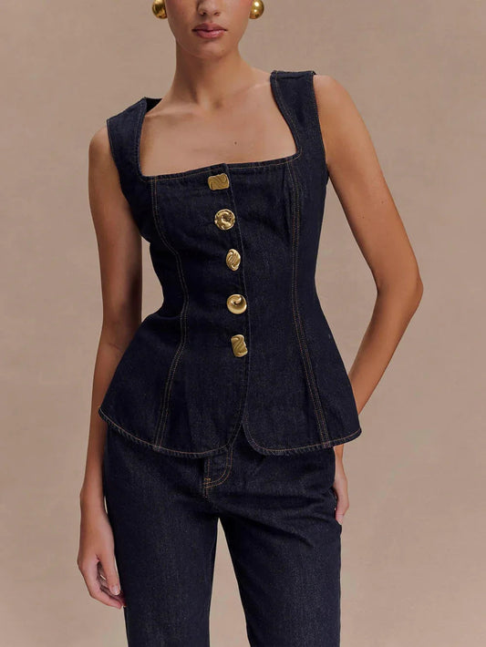 Unique Button-Down Denim Vest Top + Straight Jeans