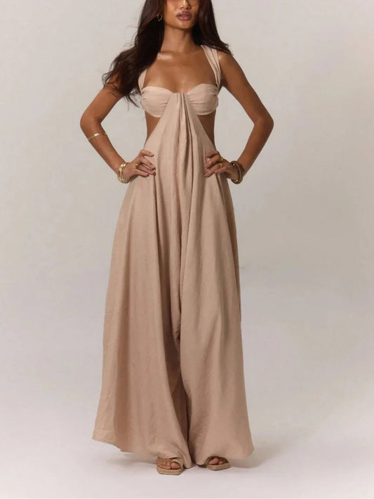 Paneled pleated wide-leg jumpsuit