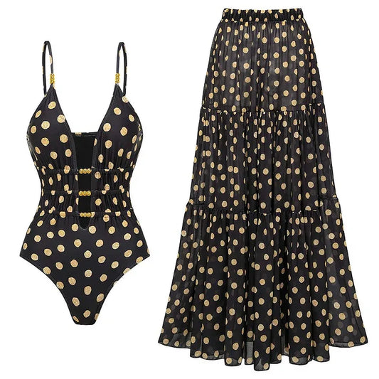 Black and Gold Polka Dots V-neck One Piece Swimsuit and Skirt