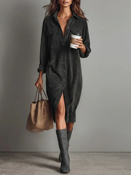 Gray Loose Corduroy Double Chest Pocket Single Breasted Midi Dress