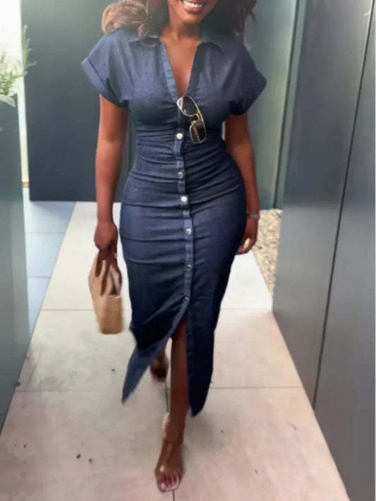 Elegant single-breasted slim-fit denim dress