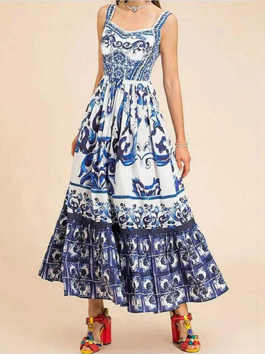 Printed Shirred Strap Maxi Dress