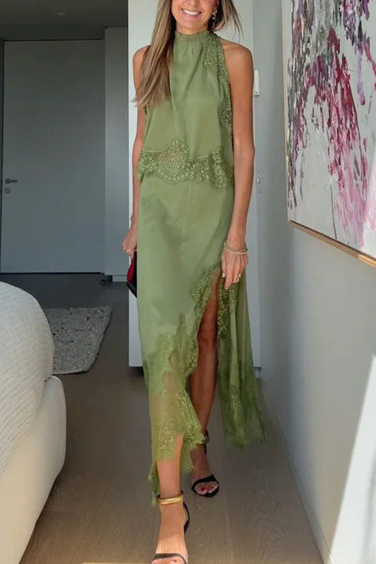 Lace Pleated Collar Top + Irregular Slit Skirt Set