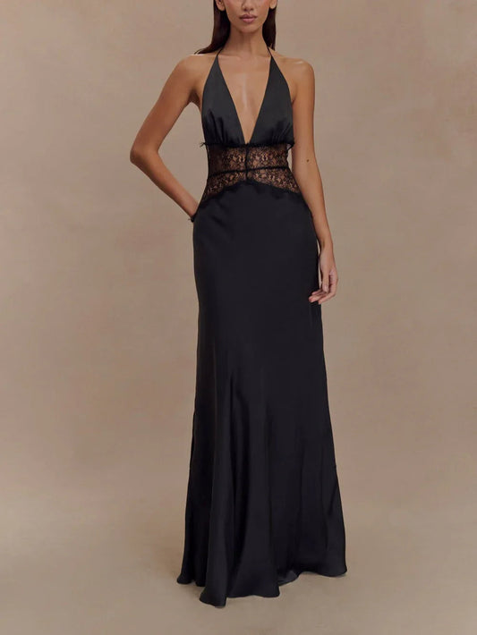 Deep V silk satin maxi dress with halterneck