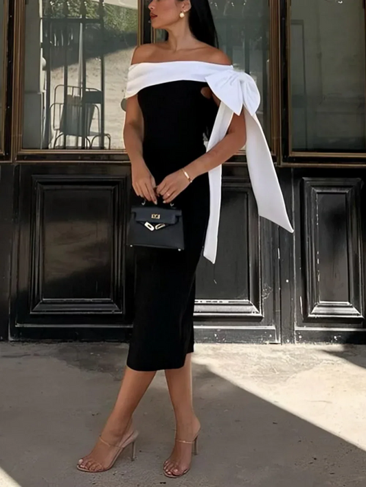 Contrast color stitching bow one shoulder dress