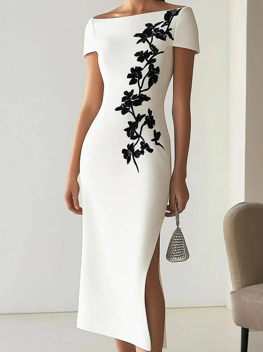 Chic Floral Print Boat Neck Midi Dress