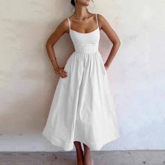 Pure Color Pleated Waist and Large Swing Sexy Suspender Dress