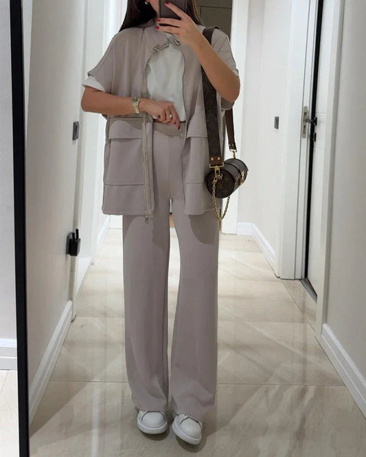 Casual Waist Stretch Detail Top & Pants Two-Piece Set