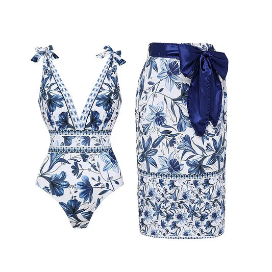 V Neck Lace Up Printed One Piece Swimsuit and Skirt01