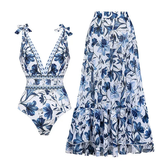 V Neck Lace Up Printed One Piece Swimsuit and Skirt01