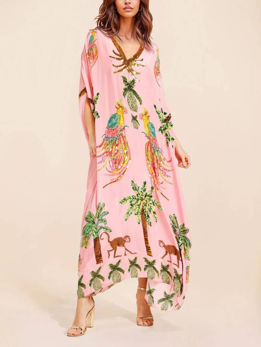 Unique Drop Shoulder Sleeve Coconut Tree Printed Dress