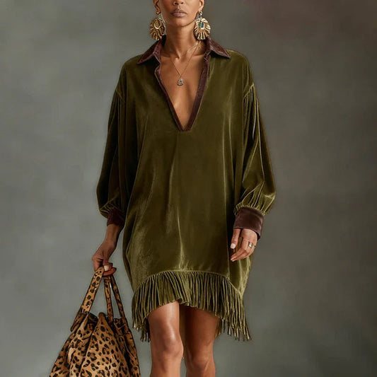 Retro Velvet Loose Casual V-neck Tassel Dress
