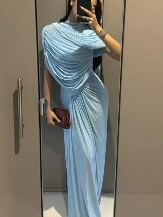 Cape-style pleated wrap maxi dress
