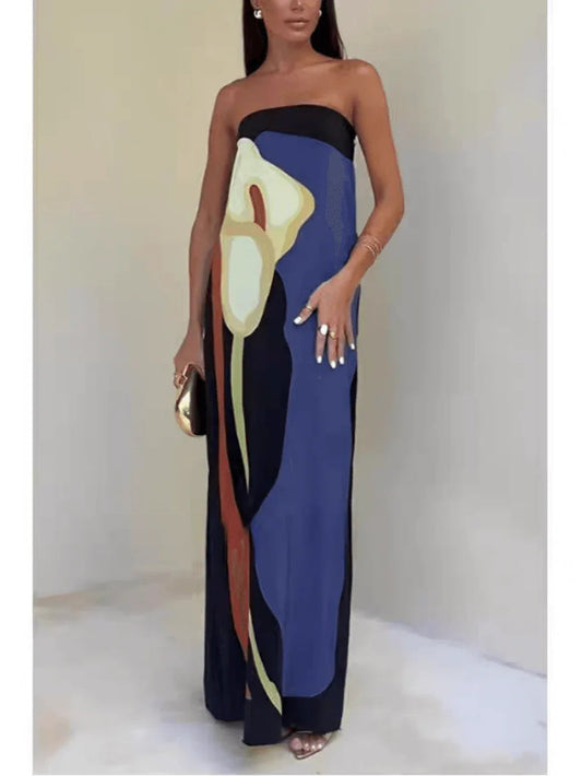 Strapless Color Block Printed Maxi Party Dress
