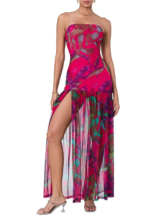 Printed Strapless Slit Maxi Dress
