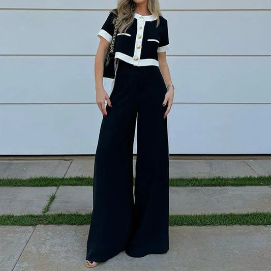 Stylish Casual Short Top & Straight-Leg Pants Two-Piece Set