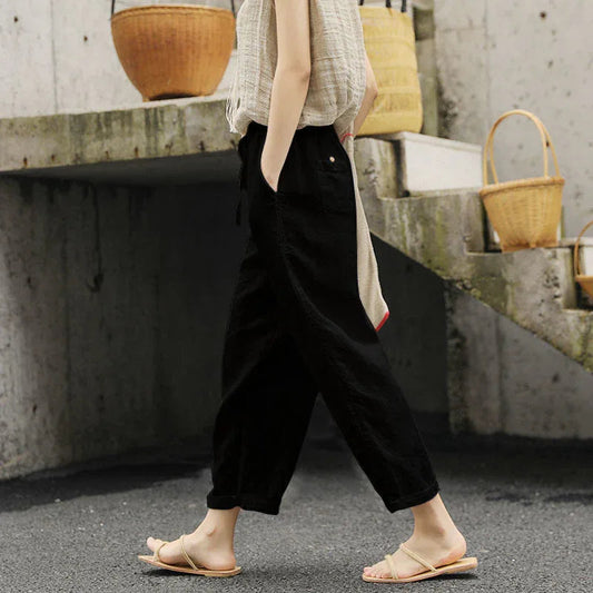 Solid Color Cotton Linen Lace Up Loose Casual Pants