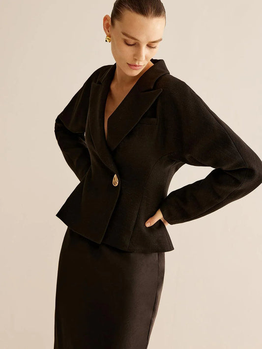 Golden Glossy-Button Lapel Slim Blazer
