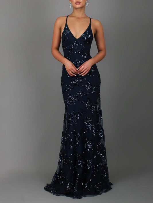 Sequin V-Neck Backless Maxi Dress