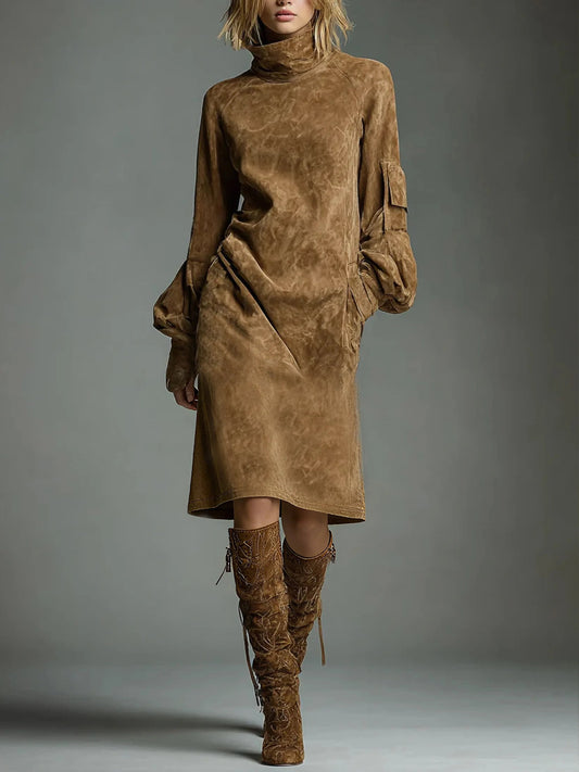 Loose Suede Turtleneck Pockets Midi Dress