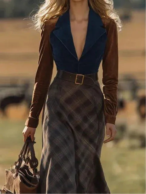 Chic Western Contrast Faux Suede Plaid Belted Maxi Dress（Includes belt）