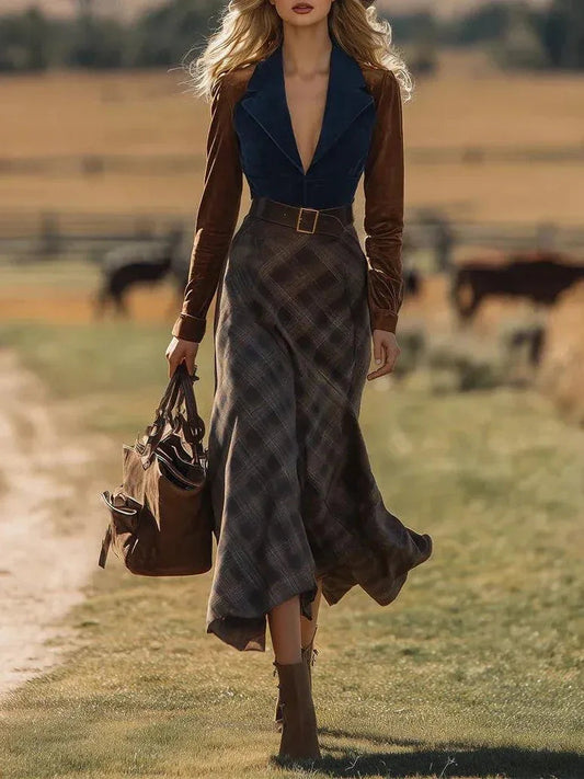 Chic Western Contrast Faux Suede Plaid Belted Maxi Dress（Includes belt）