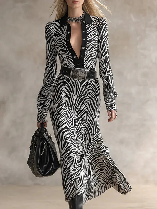 Urban Lapel Black Zebra Print Maxi Dress