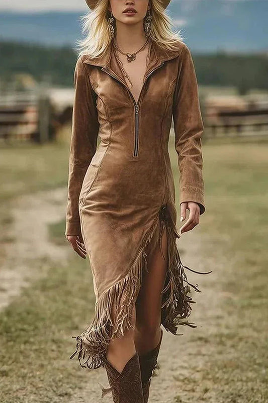 Suede Long-sleeved Irregular Tassel Hem Midi Dress