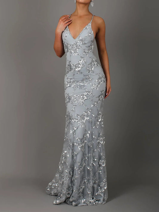Sequin V-Neck Backless Maxi Dress