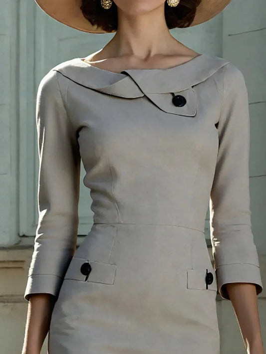 French retro round neck button design midi dress