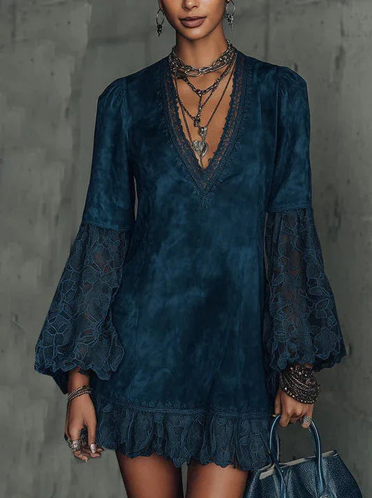Faux suede flared sleeve lace mini dress