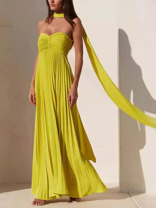 Solid color tube top pleated ribbon dress