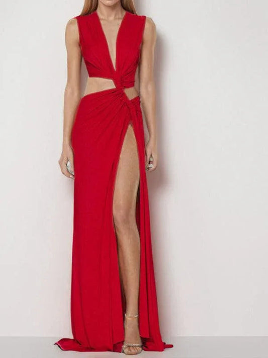 Hollow Knot Slit V Neck Sleeveless Pleated Irregular Dress