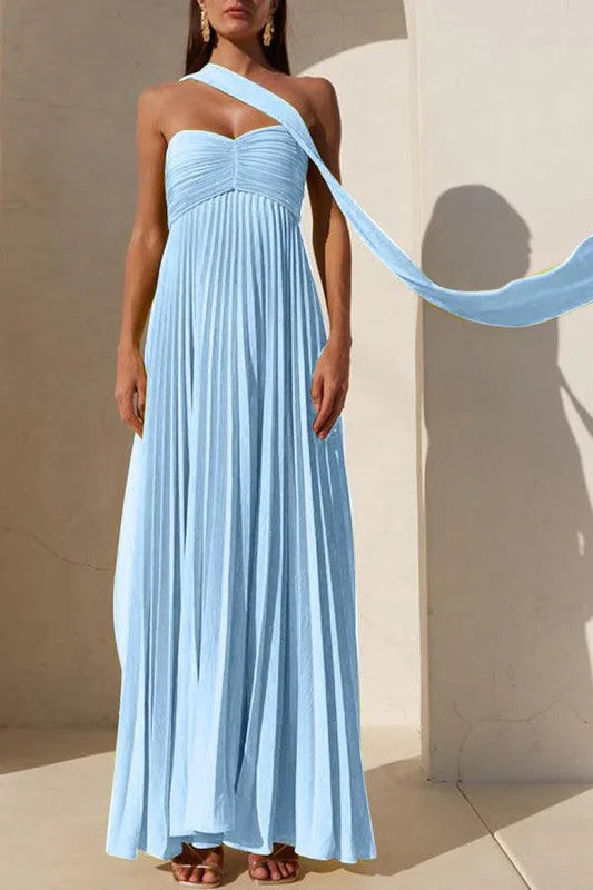 Solid color tube top pleated ribbon dress