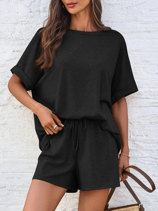 Bat short-sleeved T-shirt with drawstring shorts set