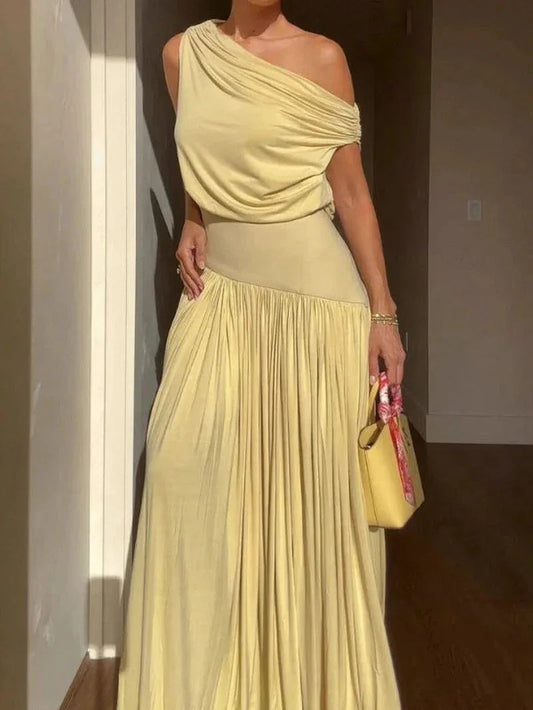 Elegant off-the-shoulder long dress with slanted neckline