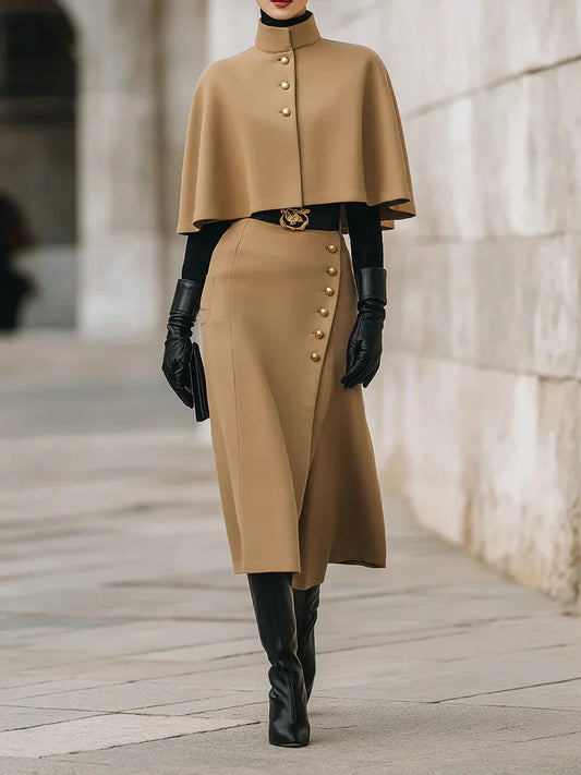 Old Money Style Camel Cape and Skirt Set (Belt Not Included)