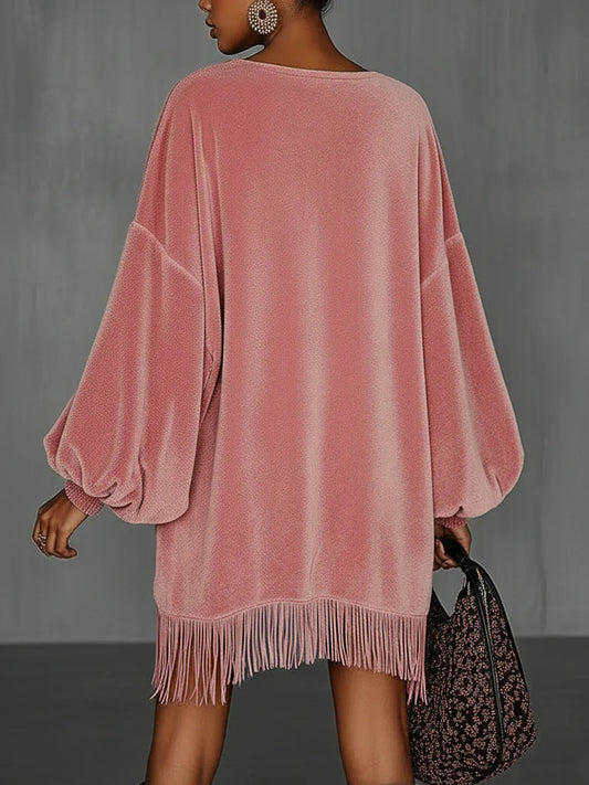 Oversized Pink Fringe Crew Neck Velvet Dress