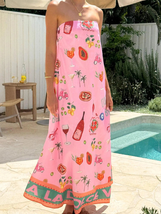 Strapless Bandeau Resort Print Maxi Dress