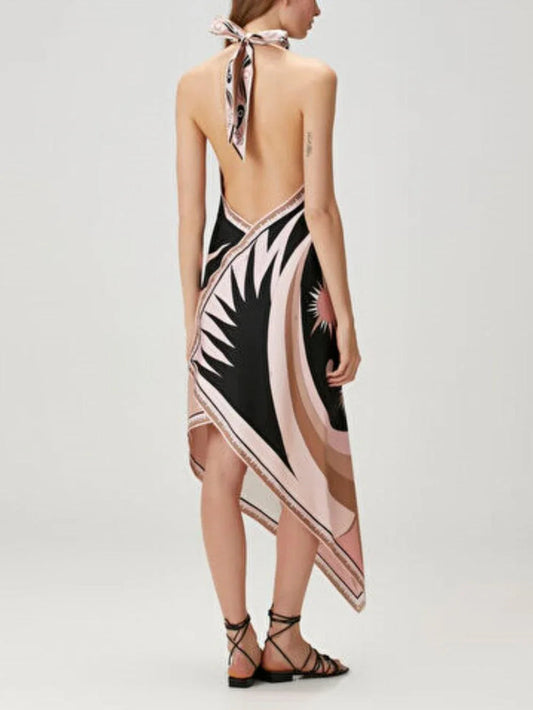 Halter Neck Printed Satin Midi Dress