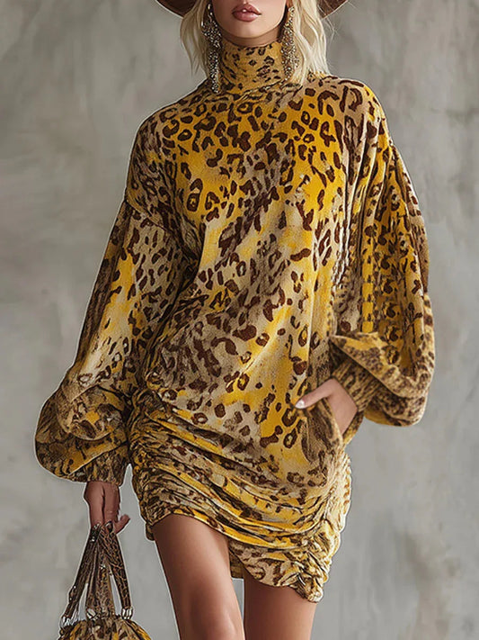 Retro loose-fitting yellow leopard print velvet mini dress